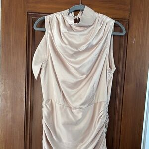 TCEC champagne, roushed, bow, high-neck, sleeveless mini